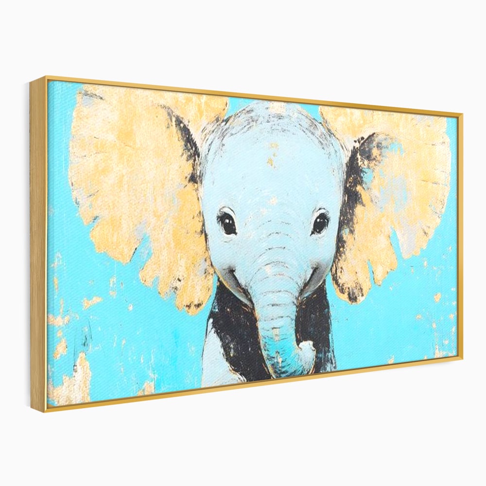 Tablou canvas cu tablou canvas cu un pui de elefant, in rama de aluminiu auriu